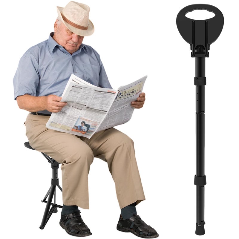 Cane with Seat Portable Walking Stick Folding Chair Lightweight Aluminum Mobility Aid Crutch Chair Height Adjustable with Carry Bag for Seniors Elderly Handicap WaitingQueuingFishing
